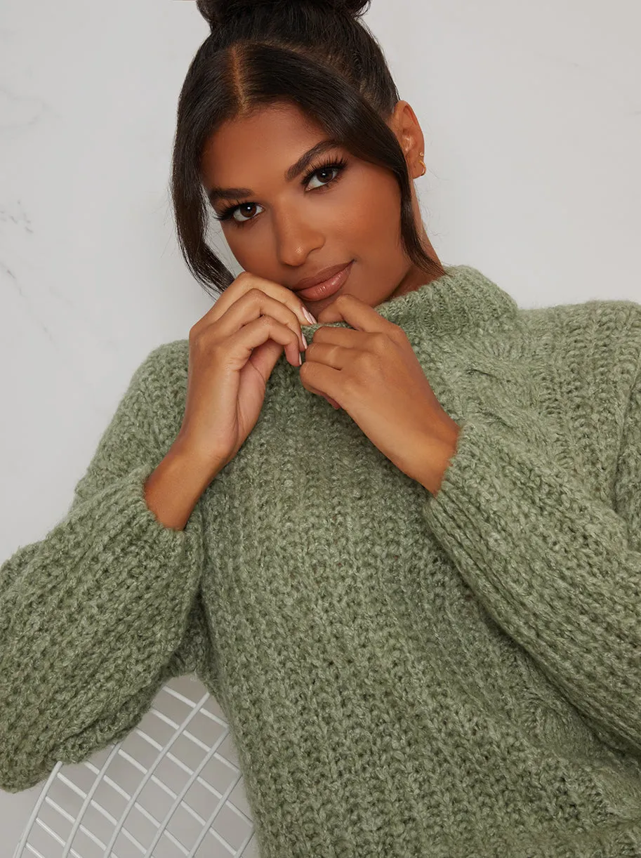 High Neck Cable Design Knitted Jumper in Green sold by Chi Chi London product image thumbnail 4