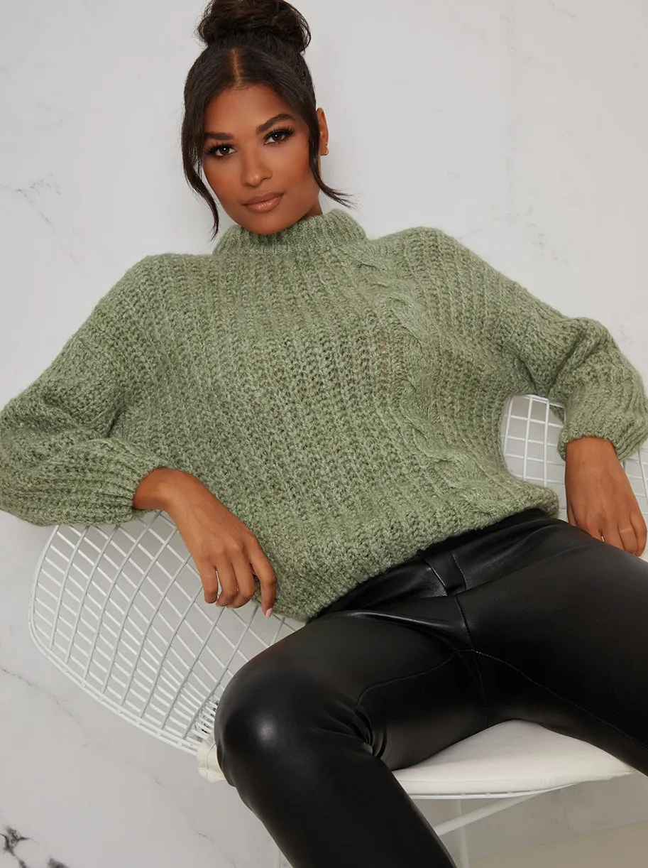 High Neck Cable Design Knitted Jumper in Green sold by Chi Chi London