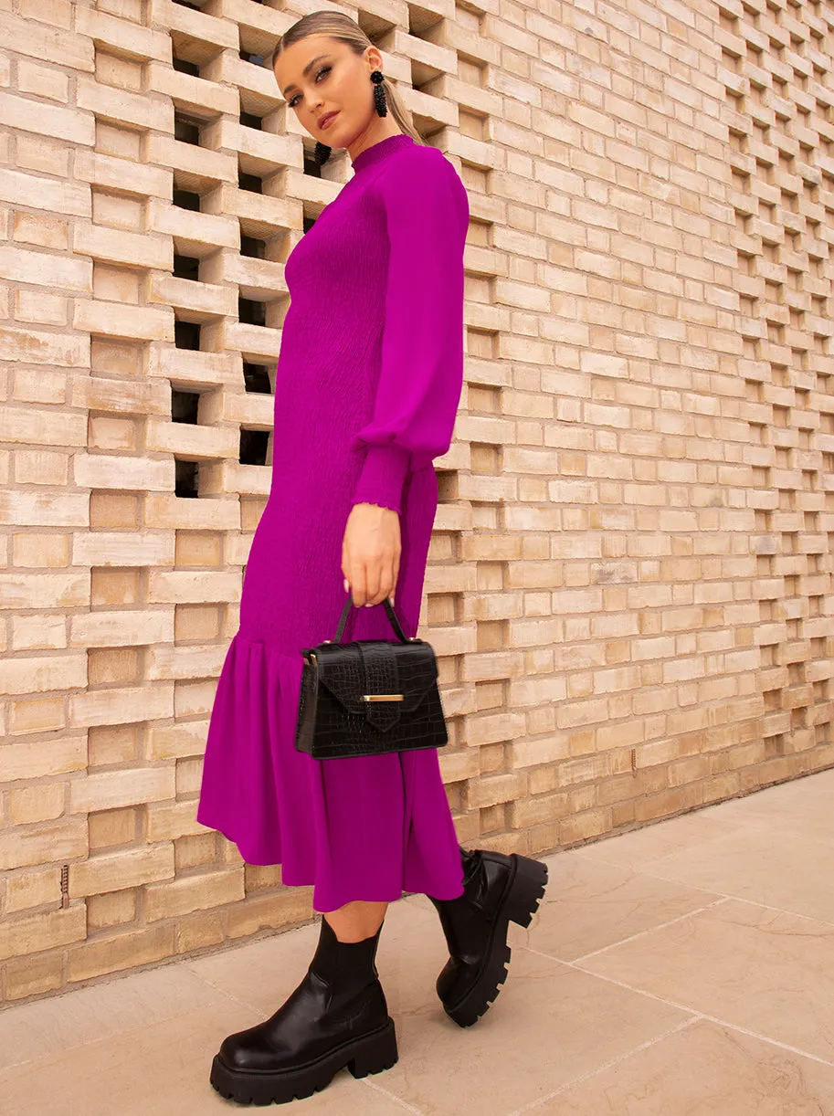 Long Sleeve Shirred Maxi Dress in Pink sold by Chi Chi London product image thumbnail 3