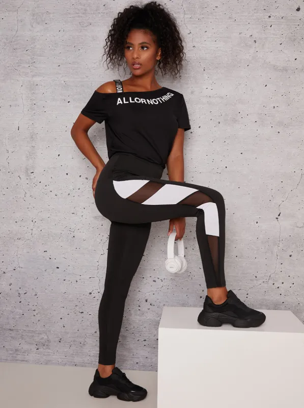 Mid Rise Mesh Panel Detail Sport Leggings in Black sold by Chi Chi London