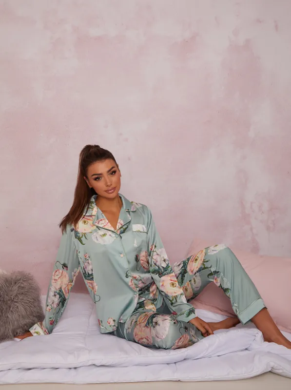 Rose Floral Print Satin Pyjamas In Green sold by Chi Chi London