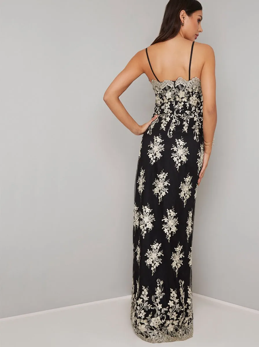 Tall Metallic Lace Cami Thigh Split Maxi Dress in Black sold by Chi Chi London product image thumbnail 3