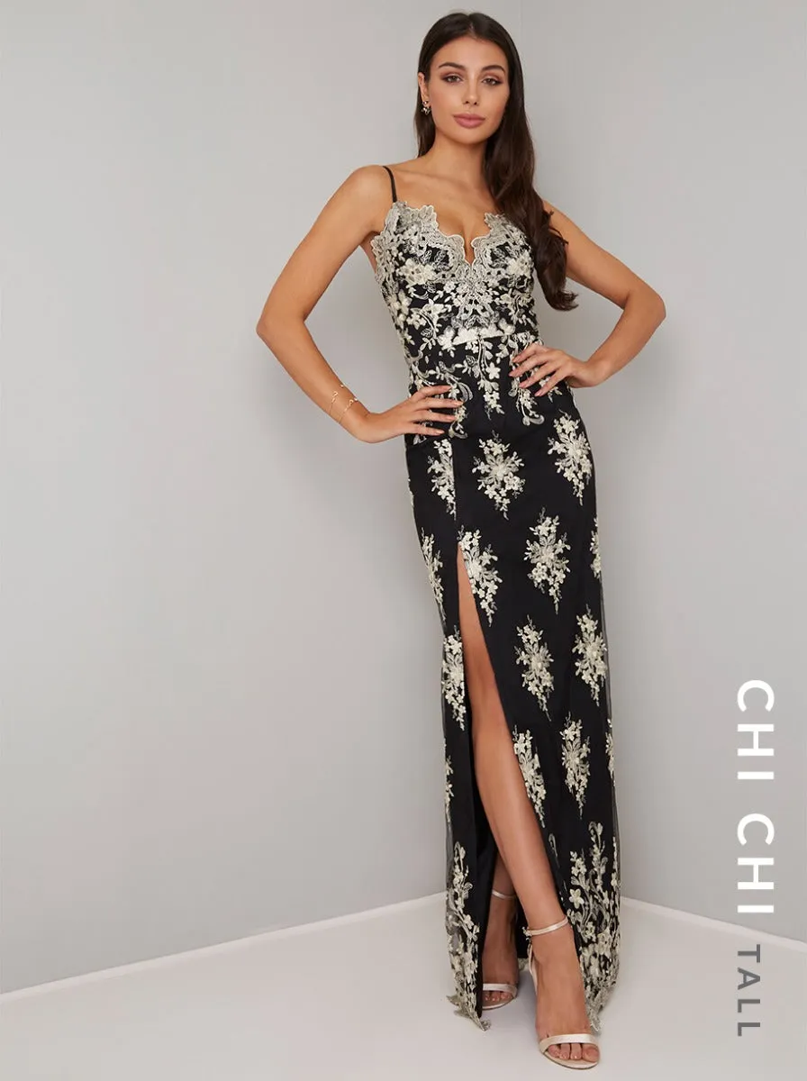Tall Metallic Lace Cami Thigh Split Maxi Dress in Black sold by Chi Chi London product image thumbnail 2