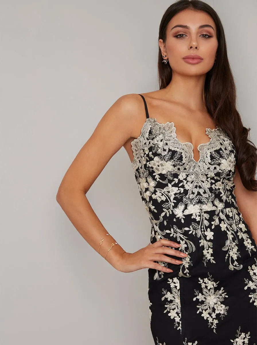 Tall Metallic Lace Cami Thigh Split Maxi Dress in Black sold by Chi Chi London