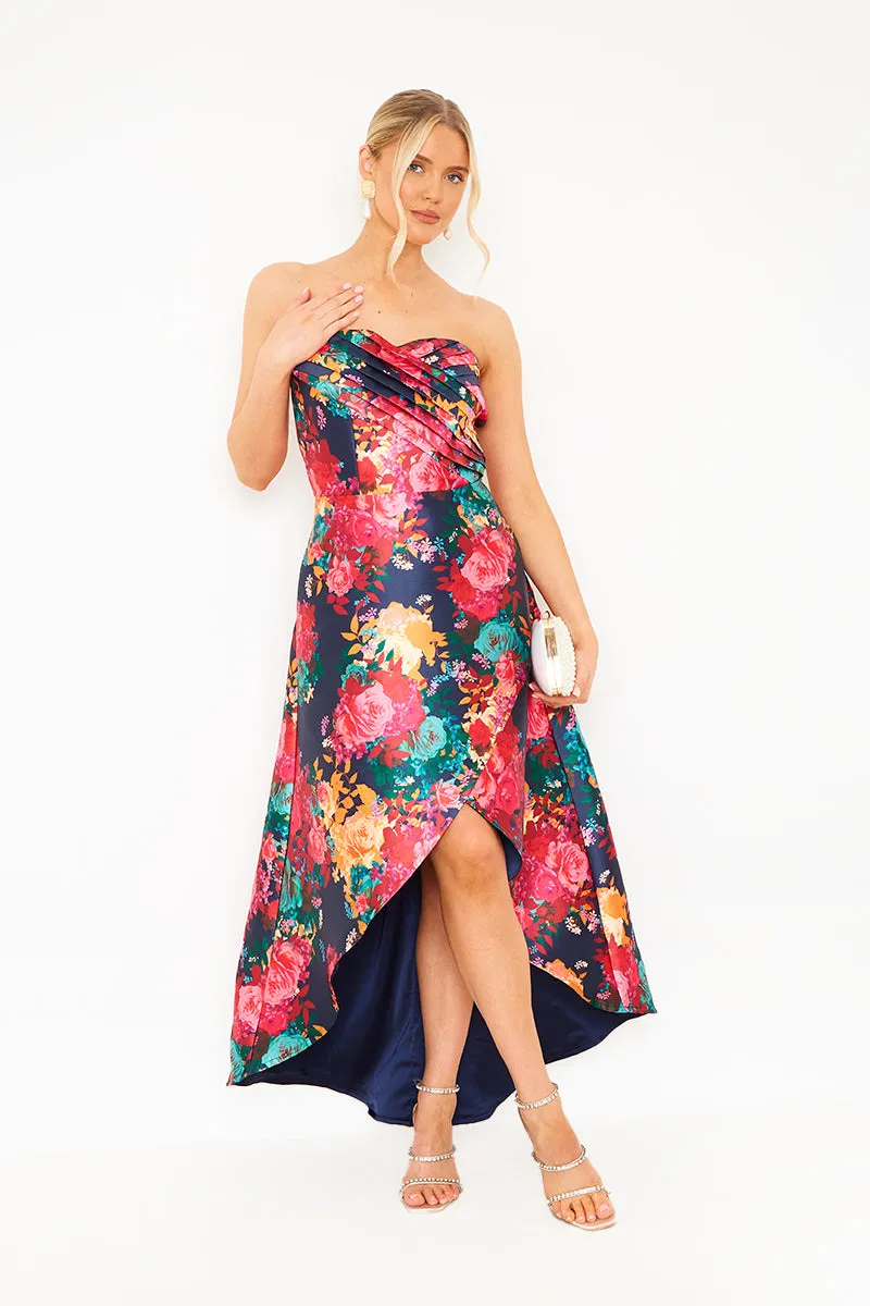 Petite Bandeau Sweetheart Floral Wrap Detail Dip Hem Dress in Navy sold by Chi Chi London product image thumbnail 3