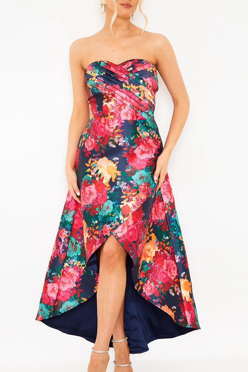 Petite Bandeau Sweetheart Floral Wrap Detail Dip Hem Dress in Navy sold by Chi Chi London product image thumbnail 2