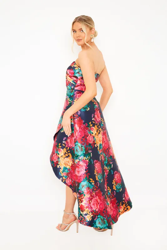 Petite Bandeau Sweetheart Floral Wrap Detail Dip Hem Dress in Navy sold by Chi Chi London