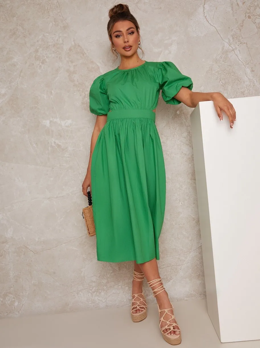 Open Back Puff Sleeve Midi Smock Dress in Green sold by Chi Chi London product image thumbnail 4