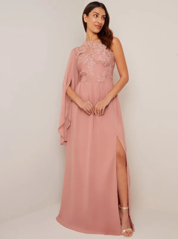 One Shoulder Detailed Maxi Dress in Rose Gold sold by Chi Chi London