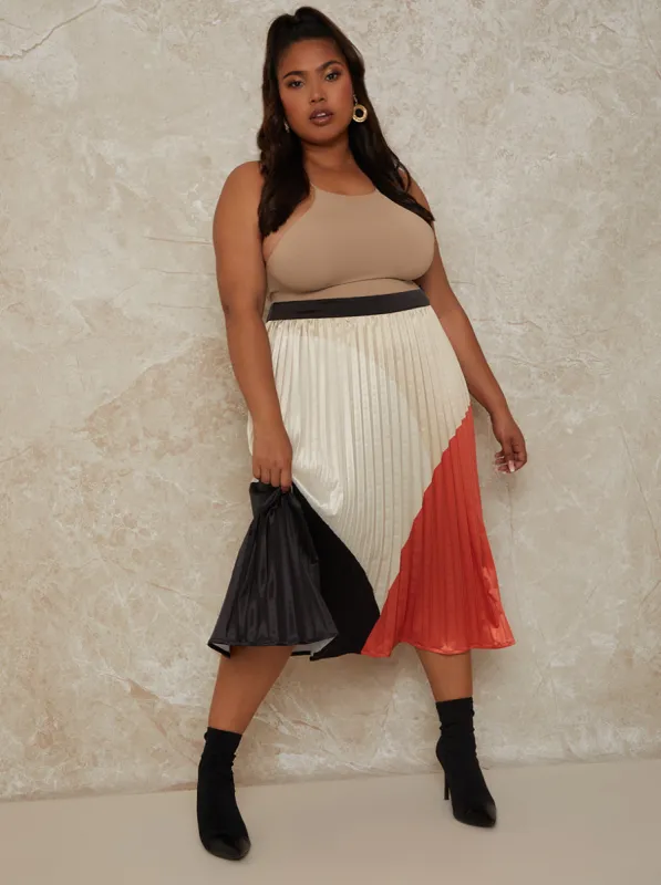 Plus Size High Waist Colour Block Pleated Midi Skirt in Multi sold by Chi Chi London