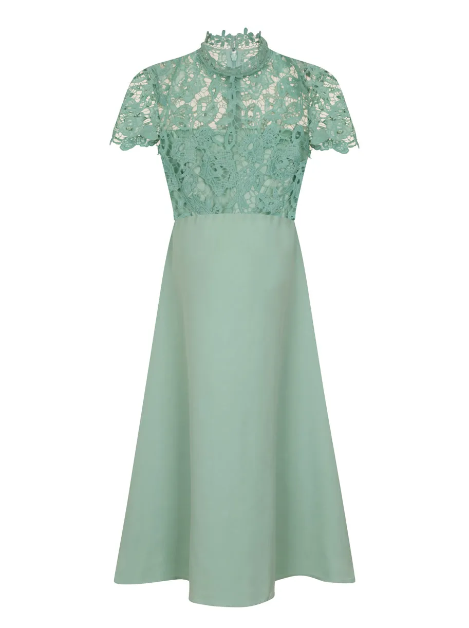 Petite Crochet Bodice High Neck Skater Dress in Green sold by Chi Chi London