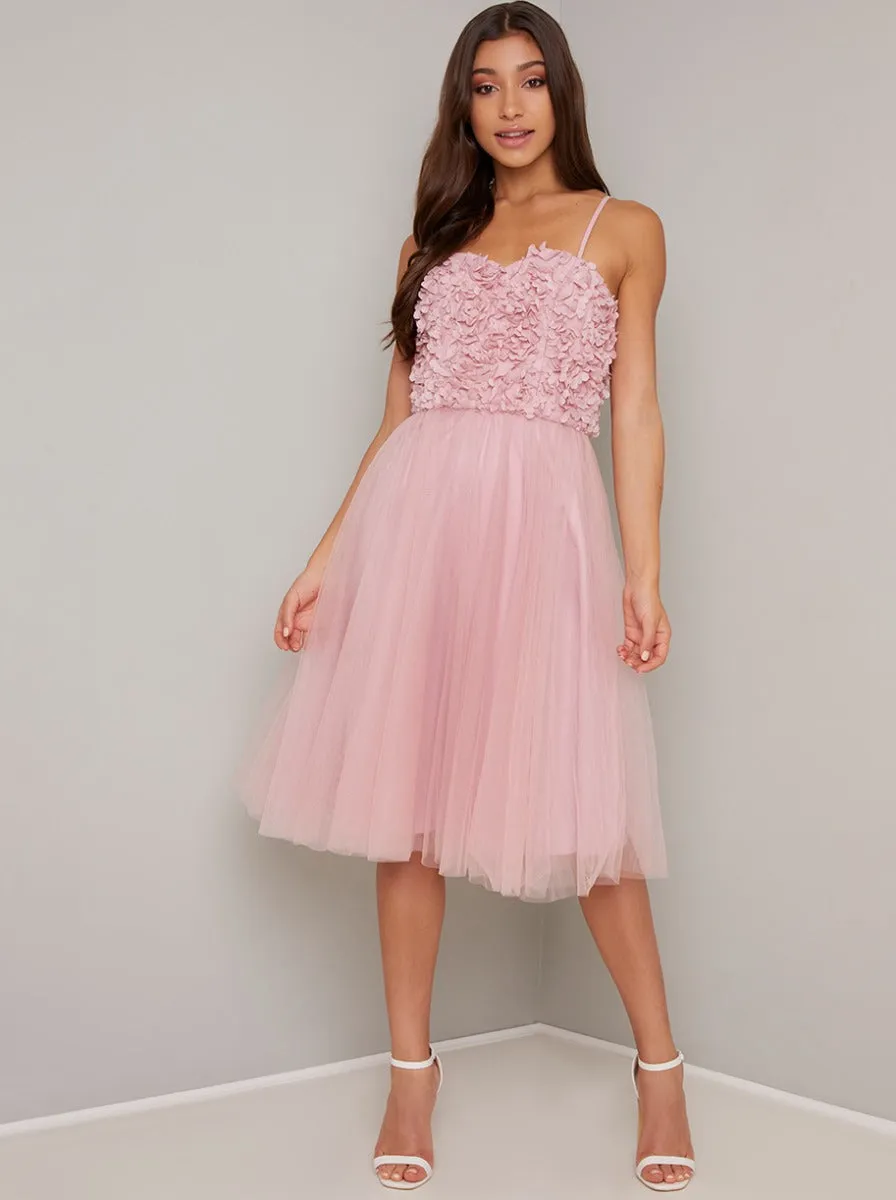 Floral 3D Cami Strap Tulle Midi Dress In Mink sold by Chi Chi London