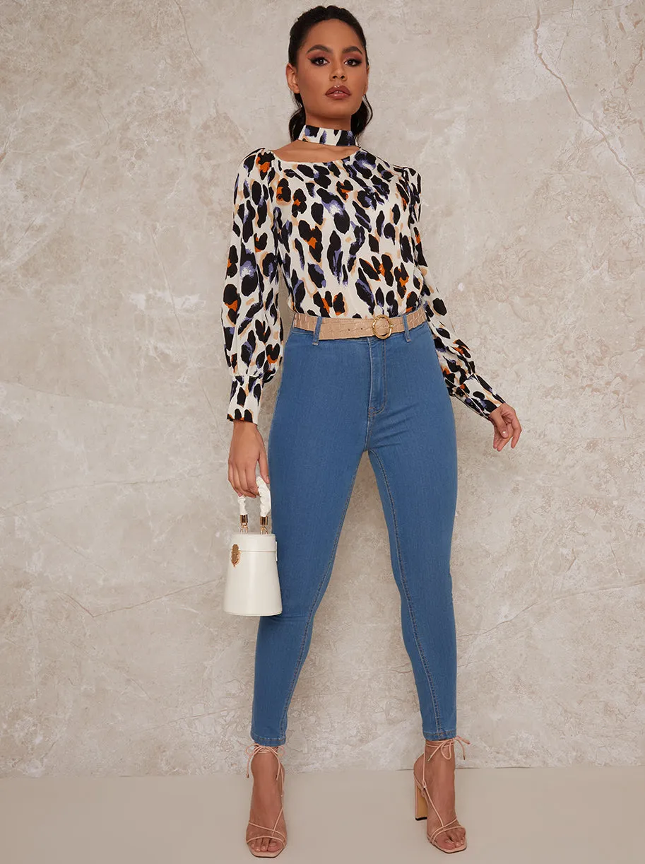 Slash Neck Long Sleeve Leopard Print Top in Cream sold by Chi Chi London product image thumbnail 2