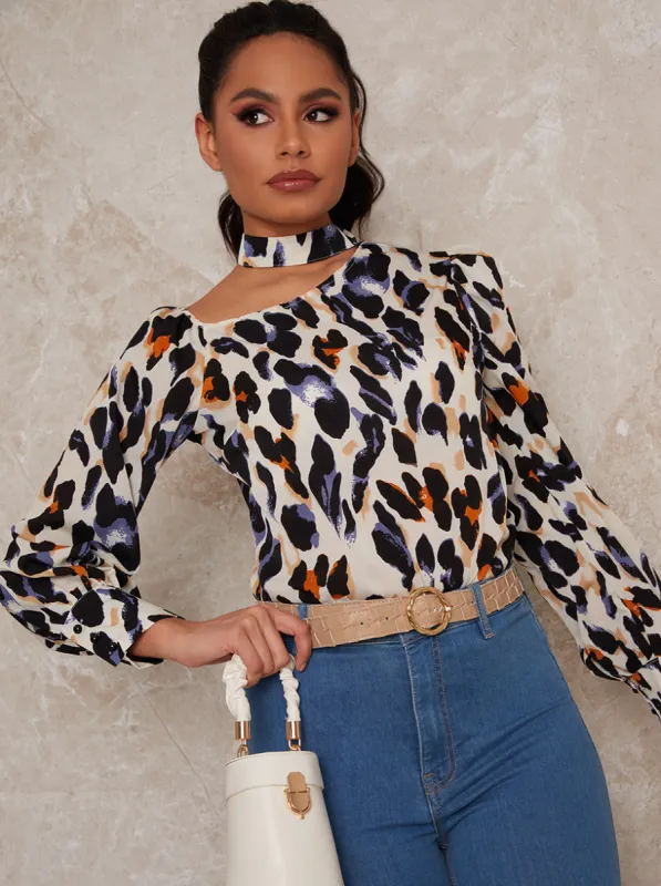 Slash Neck Long Sleeve Leopard Print Top in Cream sold by Chi Chi London