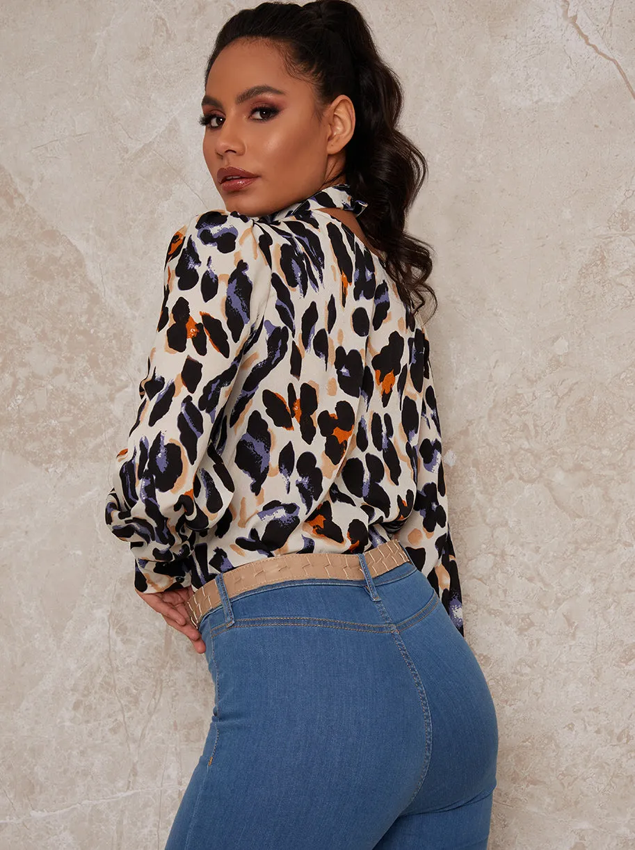 Slash Neck Long Sleeve Leopard Print Top in Cream sold by Chi Chi London product image thumbnail 4