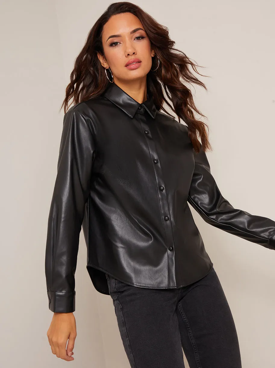 Long Sleeve Faux Leather Shirt in Black sold by Chi Chi London