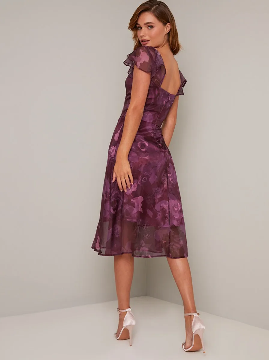 Sheer Frill Cap Sleeve Print Midi Dress in Red sold by Chi Chi London product image thumbnail 3