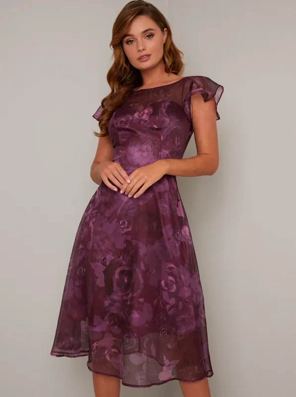 Sheer Frill Cap Sleeve Print Midi Dress in Red sold by Chi Chi London