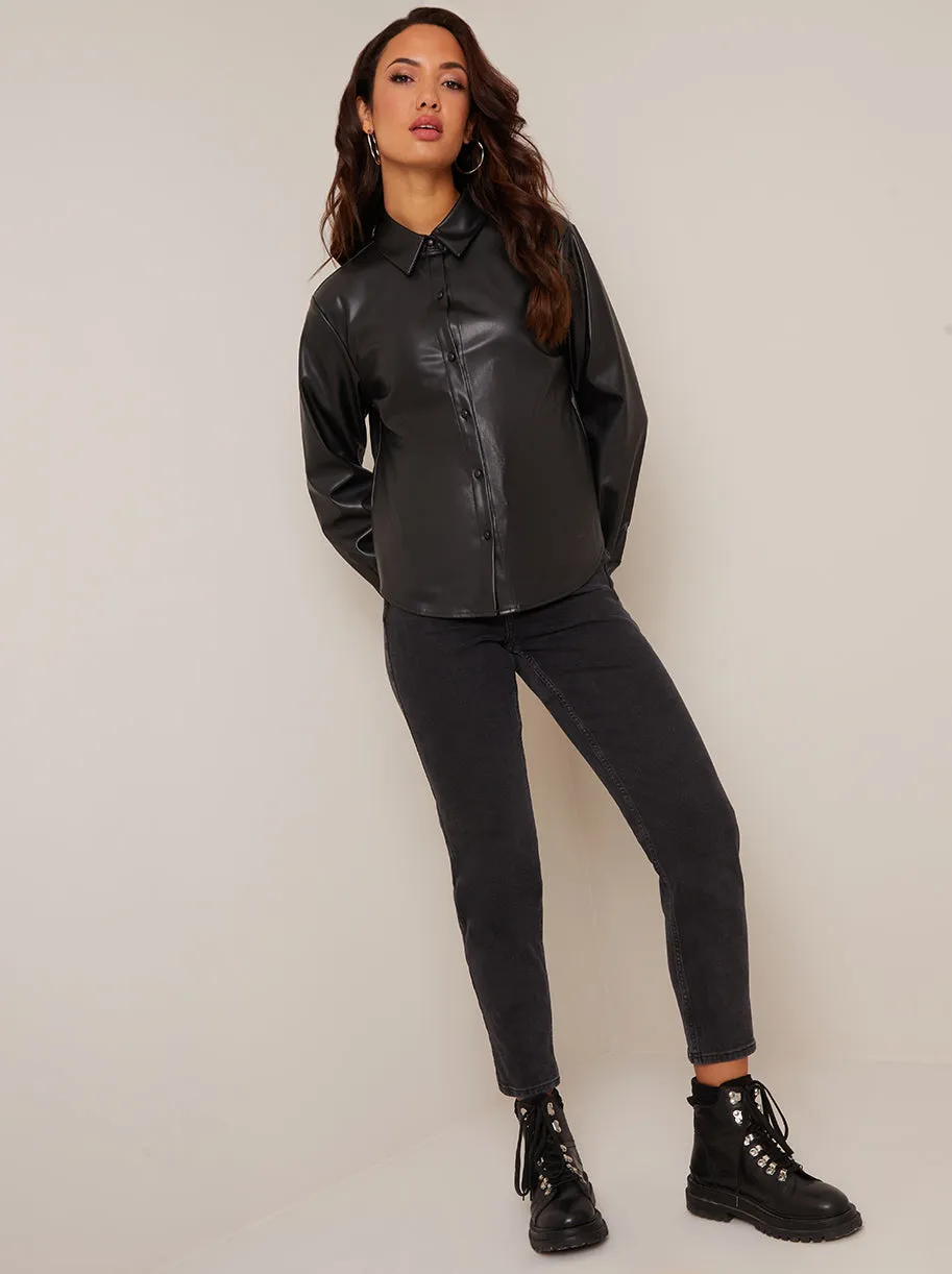 Long Sleeve Faux Leather Shirt in Black sold by Chi Chi London product image thumbnail 5