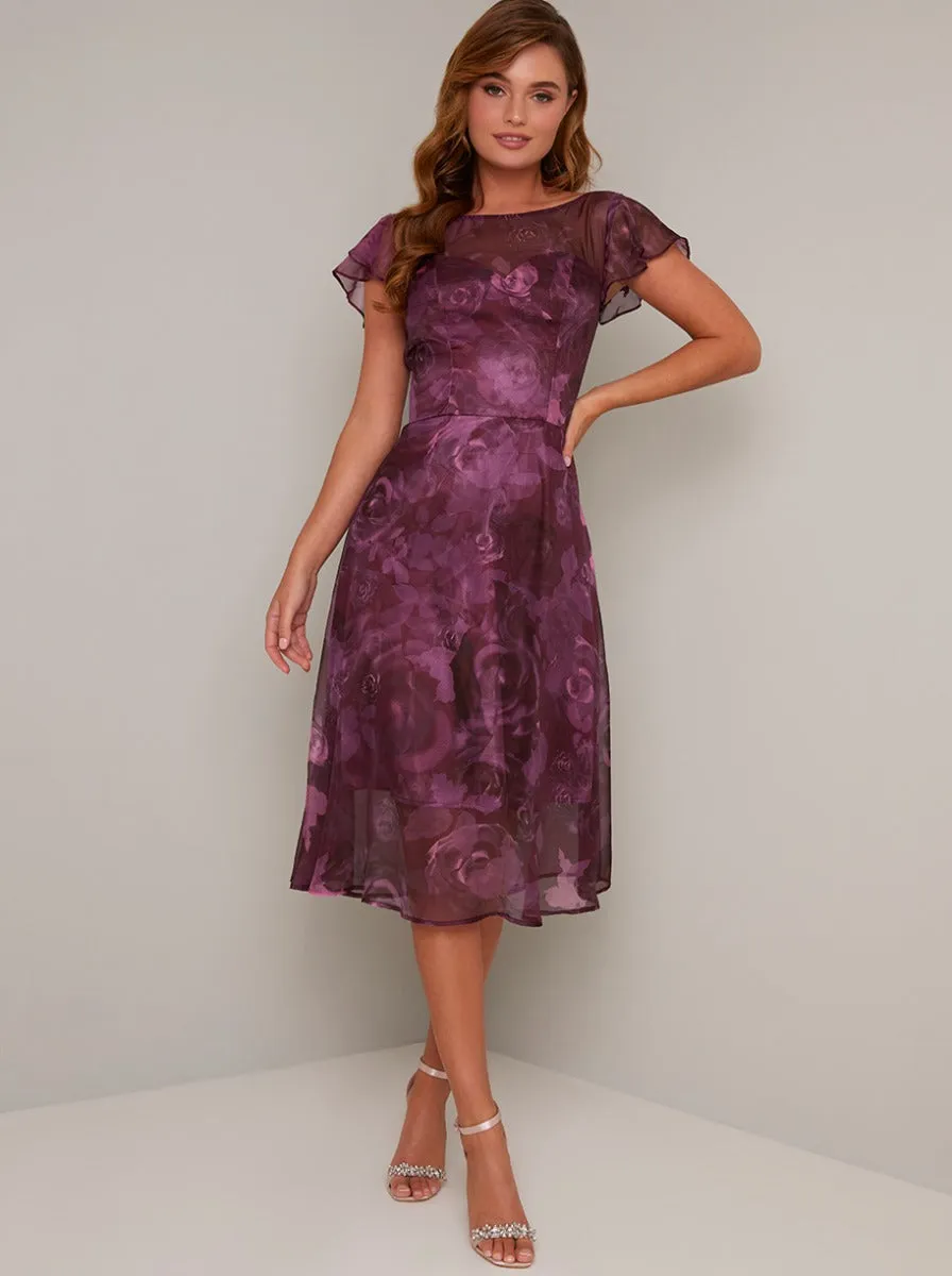 Sheer Frill Cap Sleeve Print Midi Dress in Red sold by Chi Chi London product image thumbnail 2