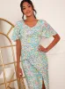 Flutter Sleeve Floral Print Midi  Dress in Green sold by Chi Chi London