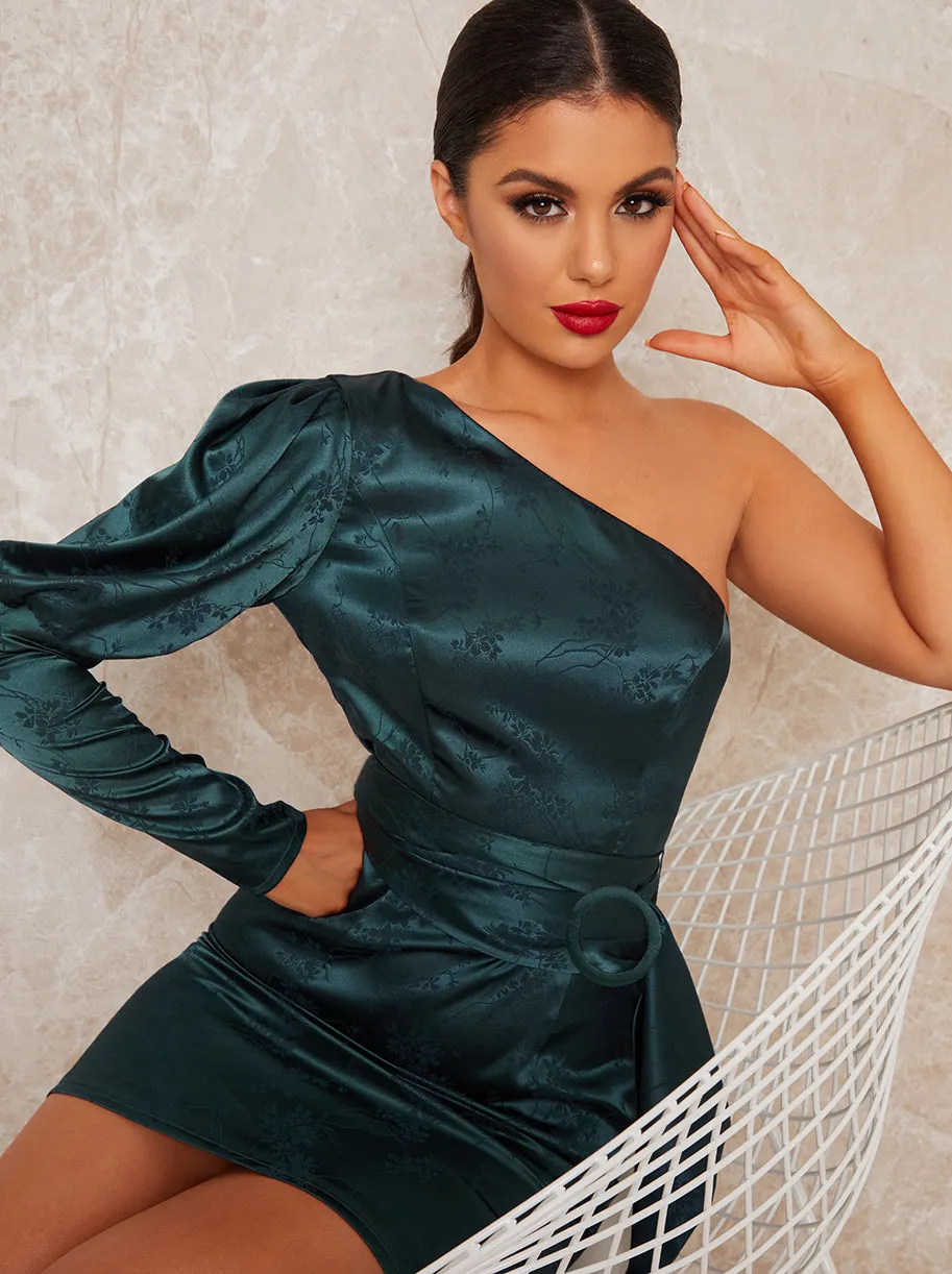 One Shoulder Jacquard Mini Party Dress in Green sold by Chi Chi London product image thumbnail 2