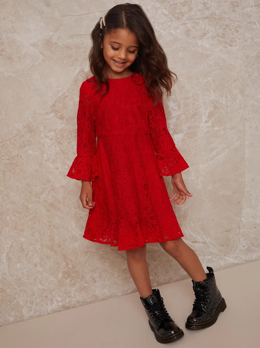 Girls Long Sleeve Lace Midi Dress in Red sold by Chi Chi London