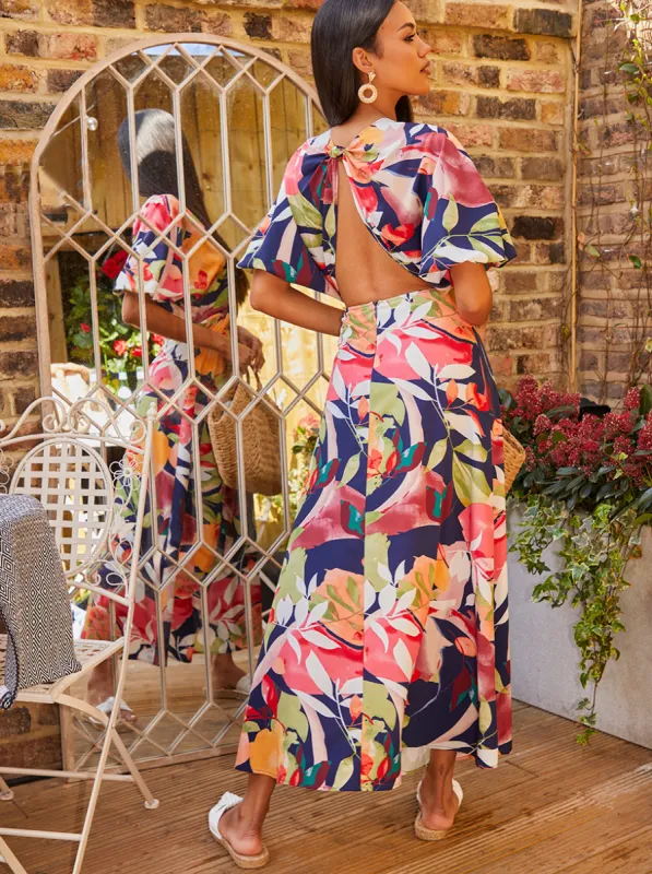 Cut-Out Floral Print Maxi Dress in Navy sold by Chi Chi London