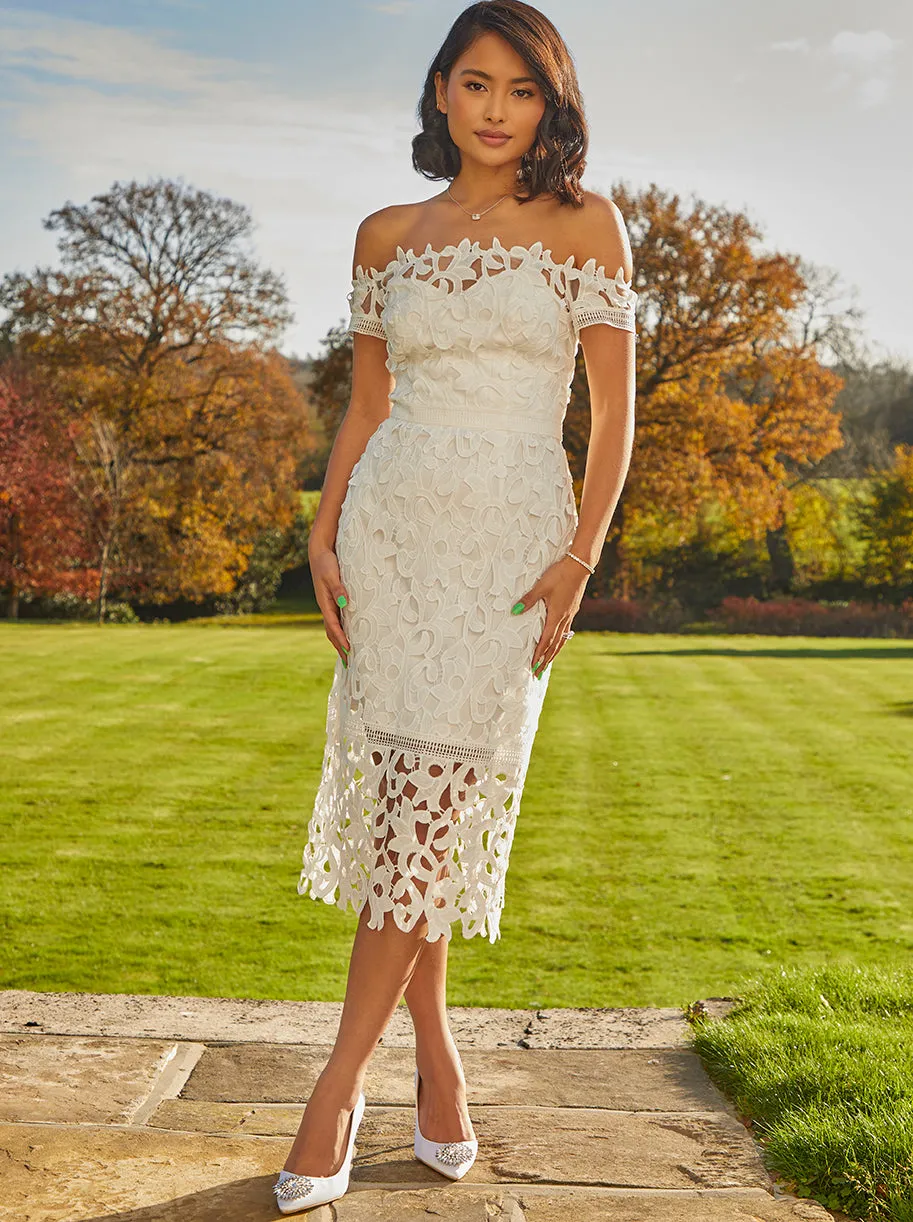 Bardot Premium Lace Bodycon Dress in White sold by Chi Chi London