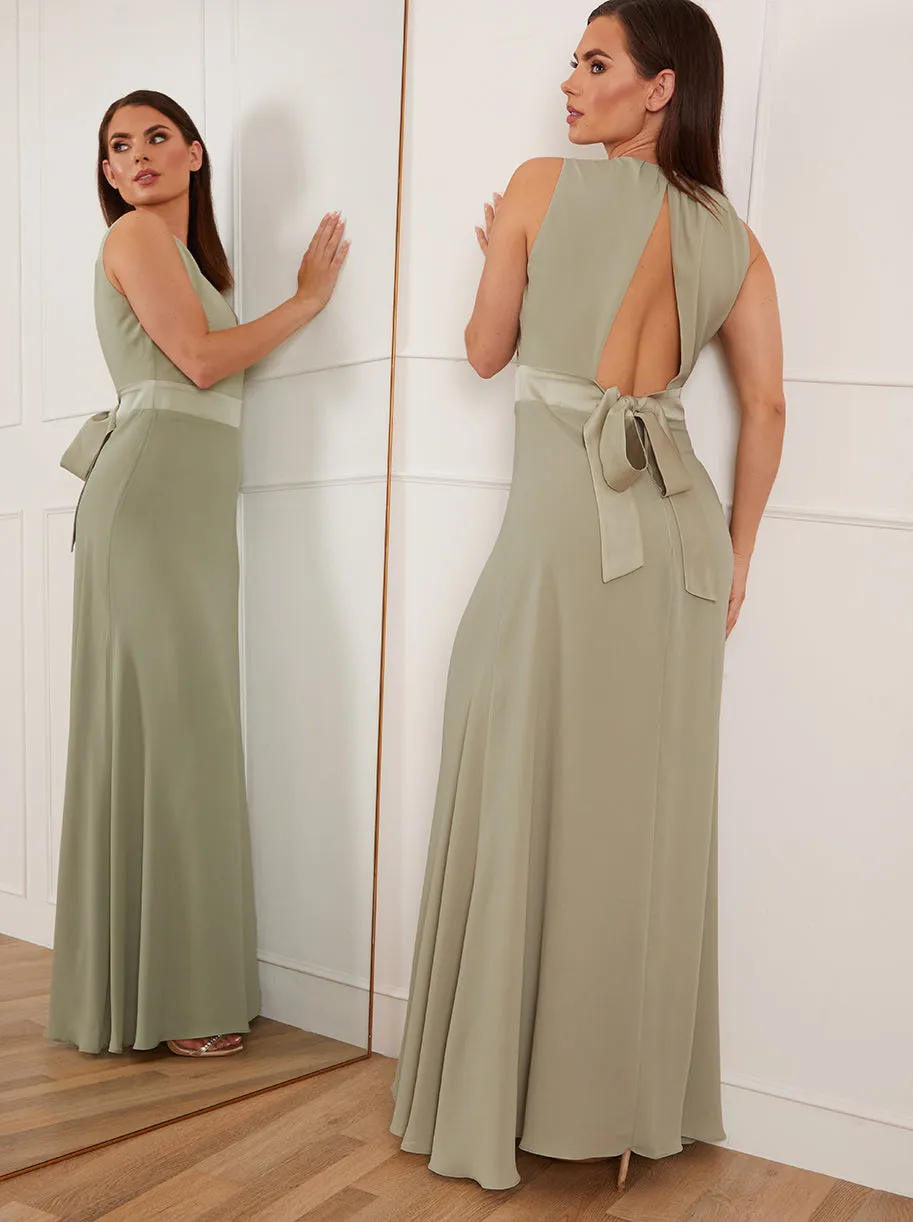 Petite Cut-Out Bow Back Maxi Dress in Sage sold by Chi Chi London