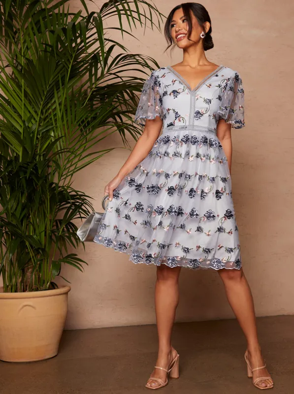 V Neck Floral Embroidered Lace Midi Dress in Blue sold by Chi Chi London