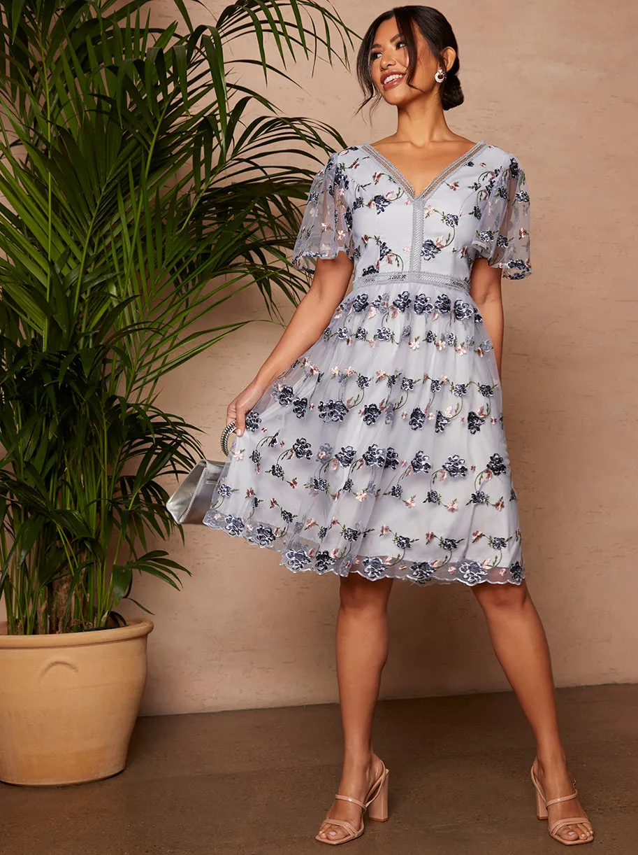 V Neck Floral Embroidered Lace Midi Dress in Blue sold by Chi Chi London