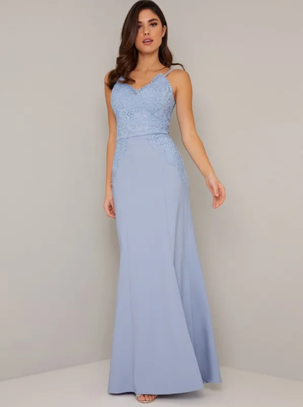 Cami Strap Lace Detail Fitted Maxi Dress in Blue sold by Chi Chi London
