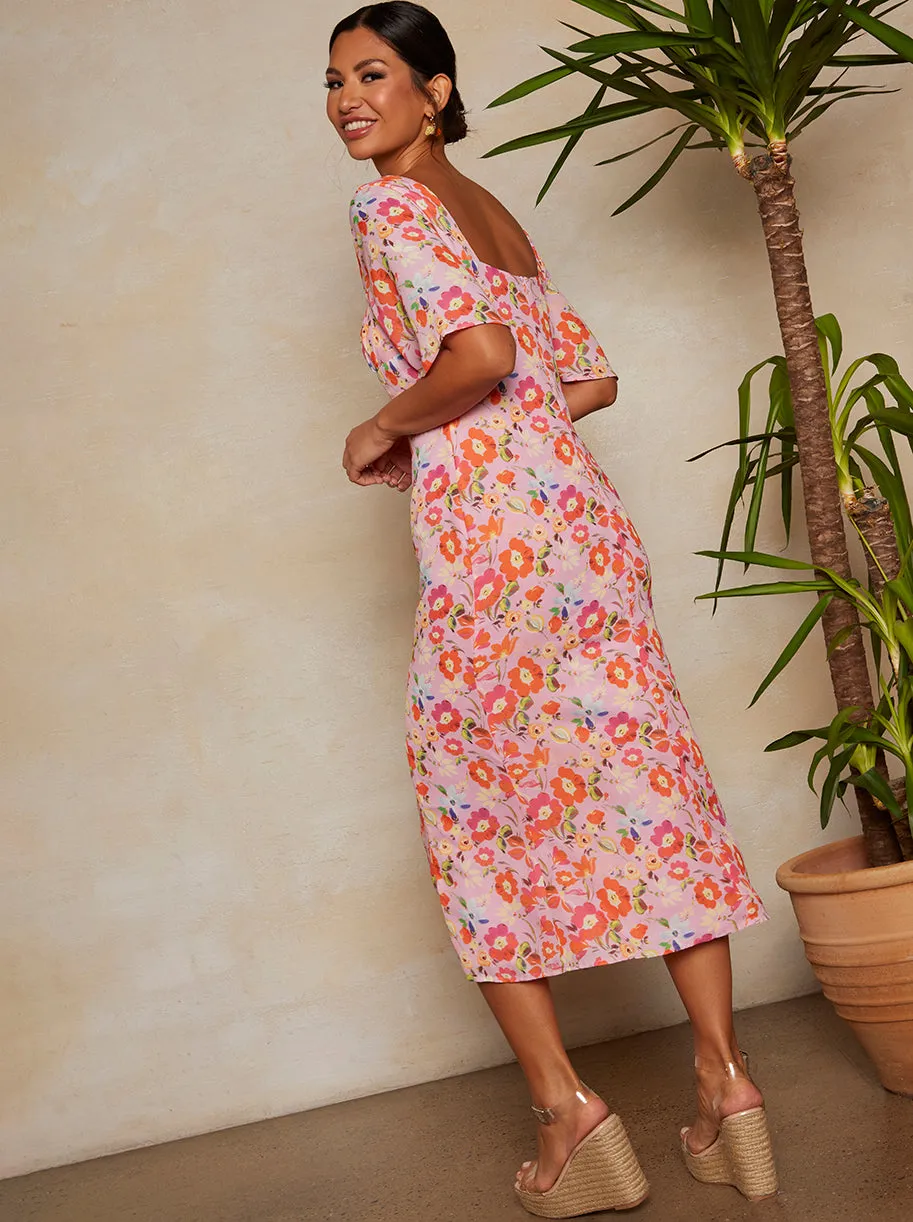 Short Sleeve Square Neck Floral Midi Dress in Pink sold by Chi Chi London product image thumbnail 3