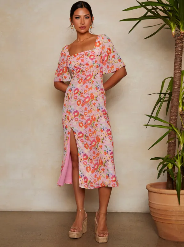 Short Sleeve Square Neck Floral Midi Dress in Pink sold by Chi Chi London