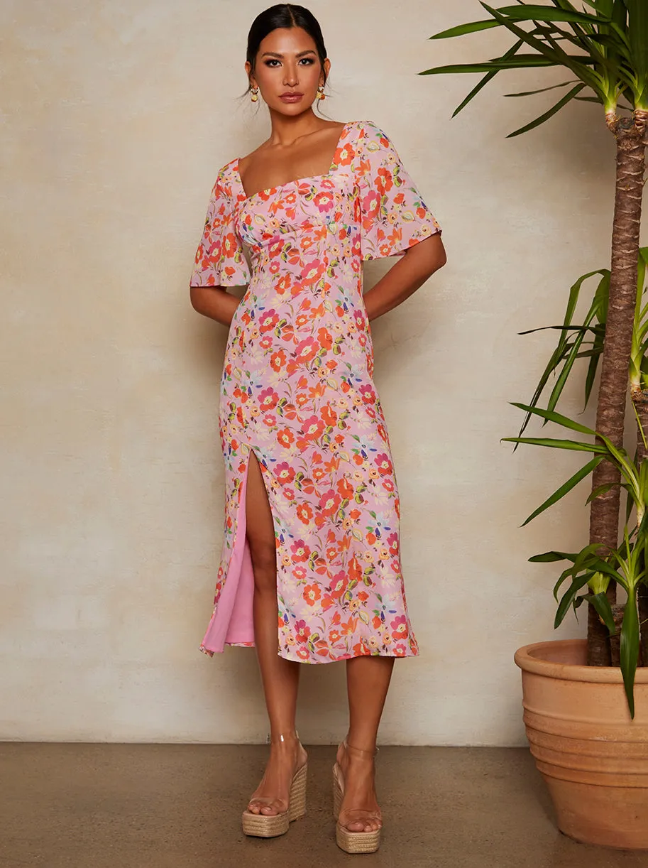 Short Sleeve Square Neck Floral Midi Dress in Pink sold by Chi Chi London
