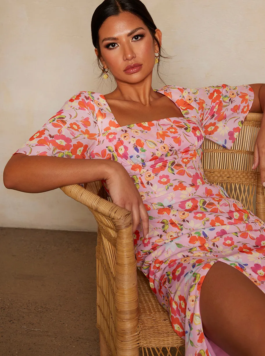 Short Sleeve Square Neck Floral Midi Dress in Pink sold by Chi Chi London product image thumbnail 2