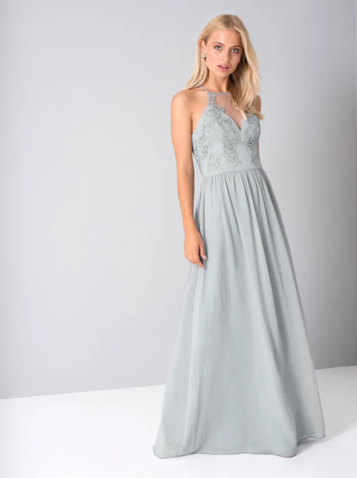 Halterstyle Sheer Lace Maxi Dress in Blue sold by Chi Chi London