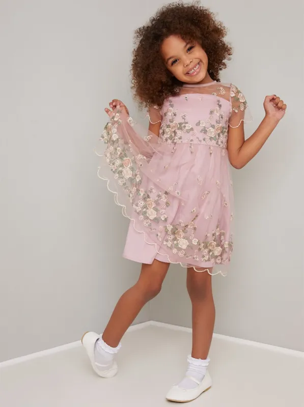 Girls Floral Lace Overlay Midi Dress in Pink sold by Chi Chi London