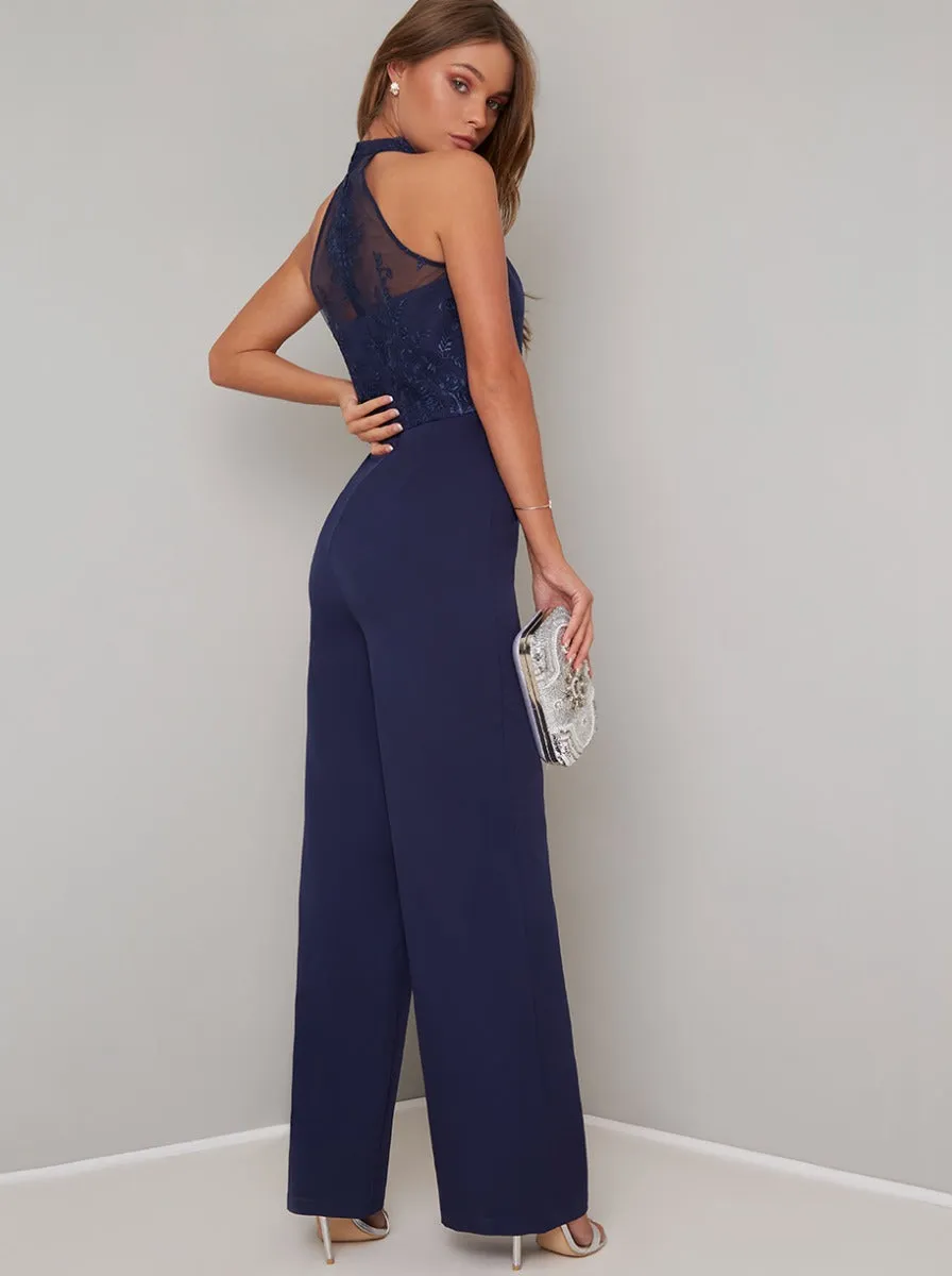 Halter Design Lace Bodice Flared Leg Jumpsuit in Blue sold by Chi Chi London product image thumbnail 3