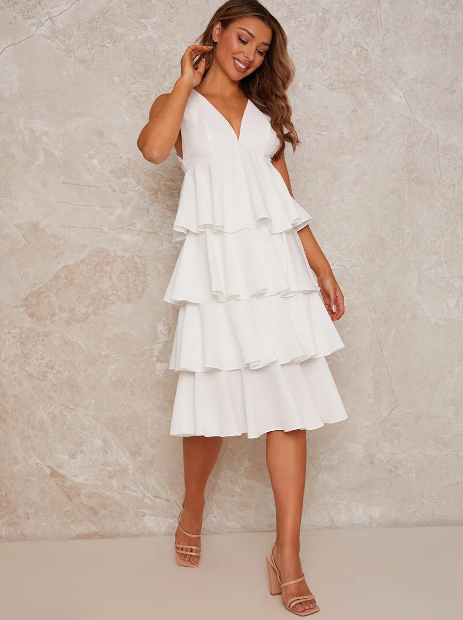 Sleeveless Ruffle Midi Dress in White sold by Chi Chi London