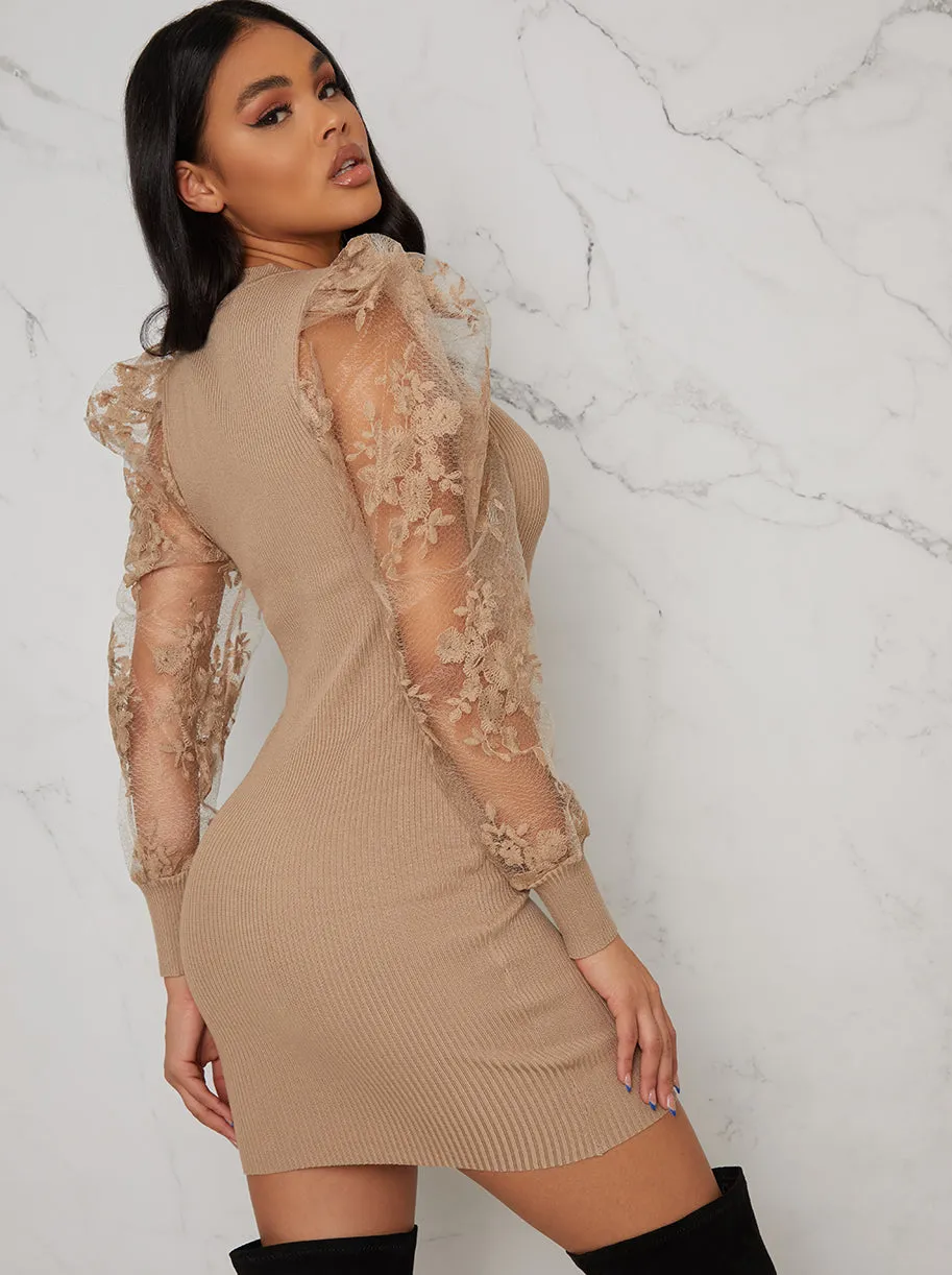 Lace Balloon Sleeved Rib Jumper Dress In Beige sold by Chi Chi London product image thumbnail 4