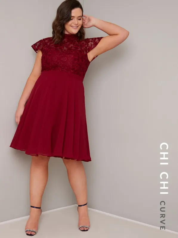Plus Size Lace Cap Sleeved Chiffon Midi Dress in Red sold by Chi Chi London