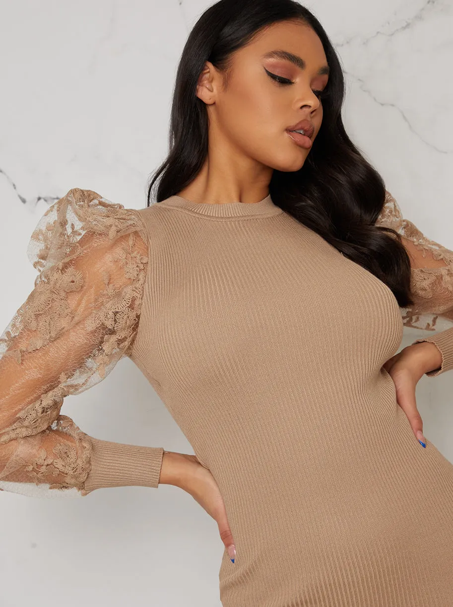 Lace Balloon Sleeved Rib Jumper Dress In Beige sold by Chi Chi London product image thumbnail 3