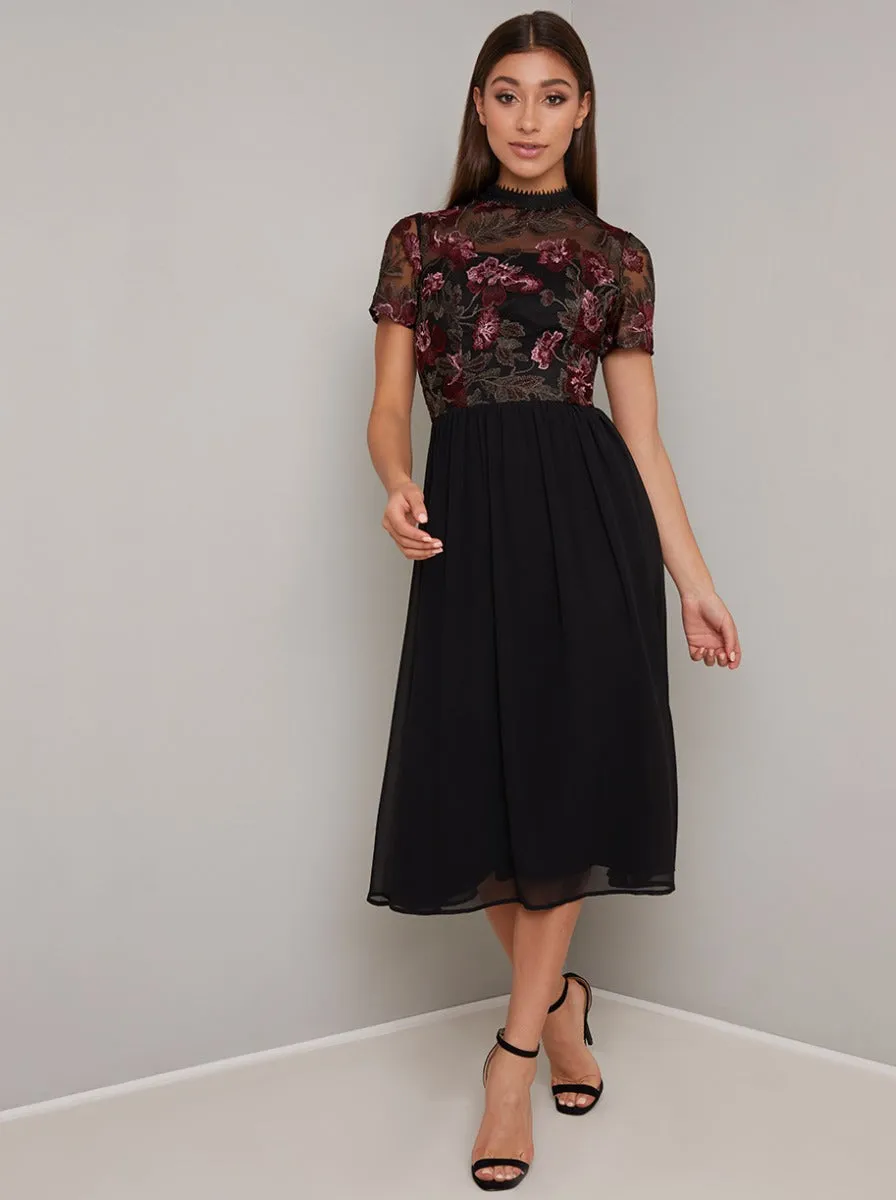 Embroidered Fitted Bodice Midi Dress in Black sold by Chi Chi London product image thumbnail 2