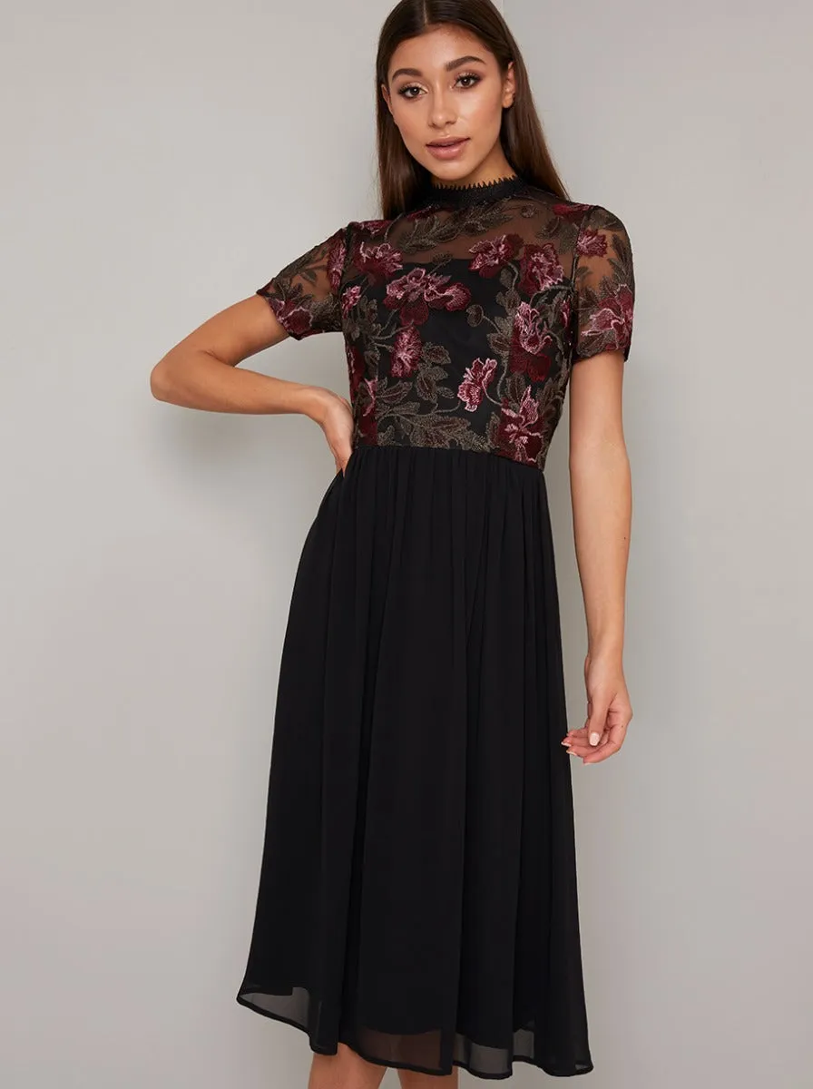 Embroidered Fitted Bodice Midi Dress in Black sold by Chi Chi London