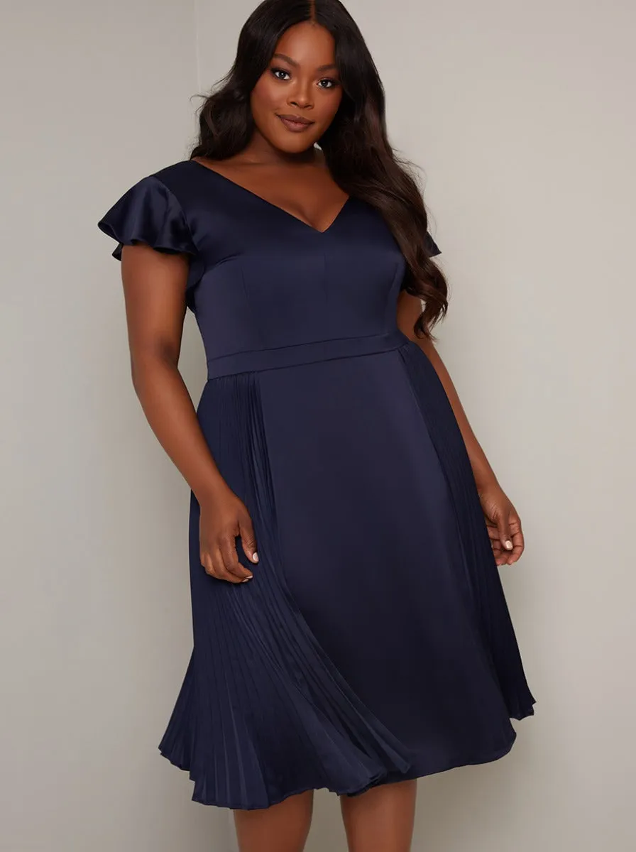 Plus Size Flutter Sleeve Pleated Midi Dress in Blue sold by Chi Chi London