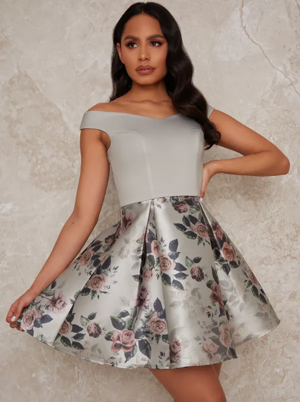 Floral Bardot Mini Dress in Green sold by Chi Chi London