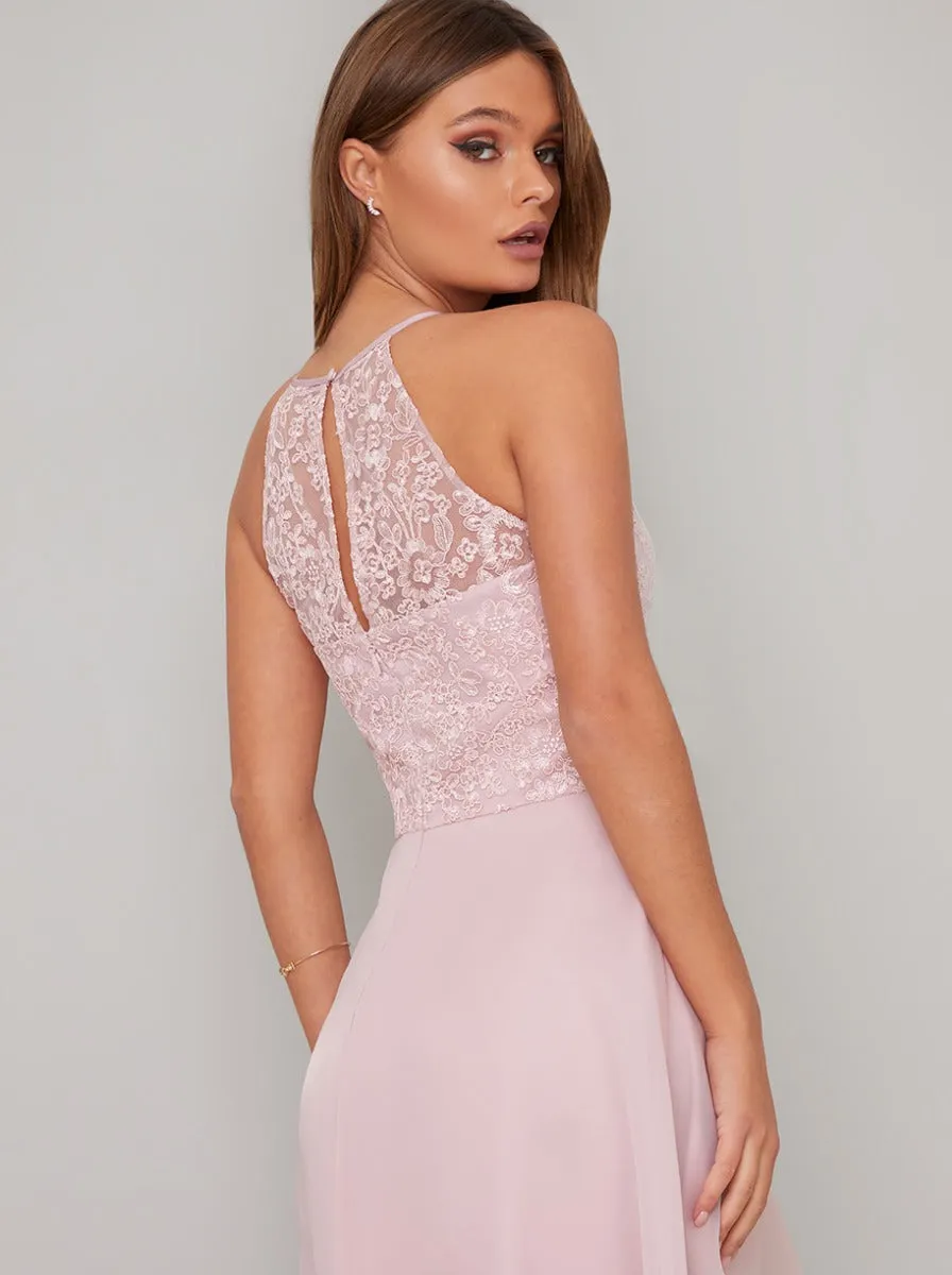 Halter Lace Bodice Dip Hem Layered Midi Dress in Pink sold by Chi Chi London product image thumbnail 4