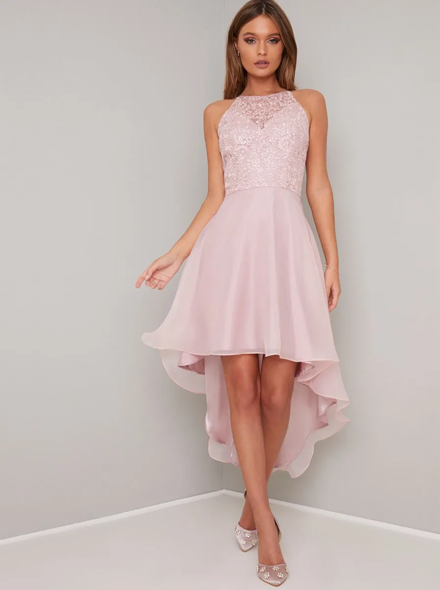 Halter Lace Bodice Dip Hem Layered Midi Dress in Pink sold by Chi Chi London